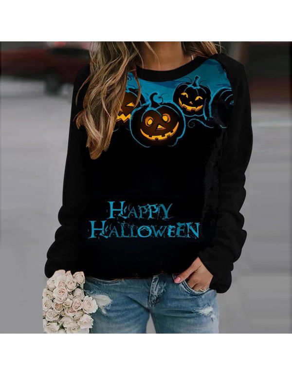 Women's Halloween Round Neck Pullover Long Sleeve Casual Loose Pumpkin Print Women's Sweater