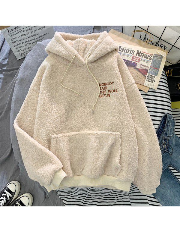 Imitation cashmere sweater women's Korean fashion students loose bf lazy autumn and winter plush thickened hoodie top 