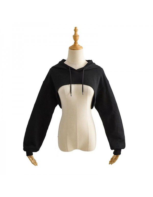 Spring New European Style Short Sports Drawstring Hoodie Women's Solid Color Versatile Long Sleeve Hoodie Top