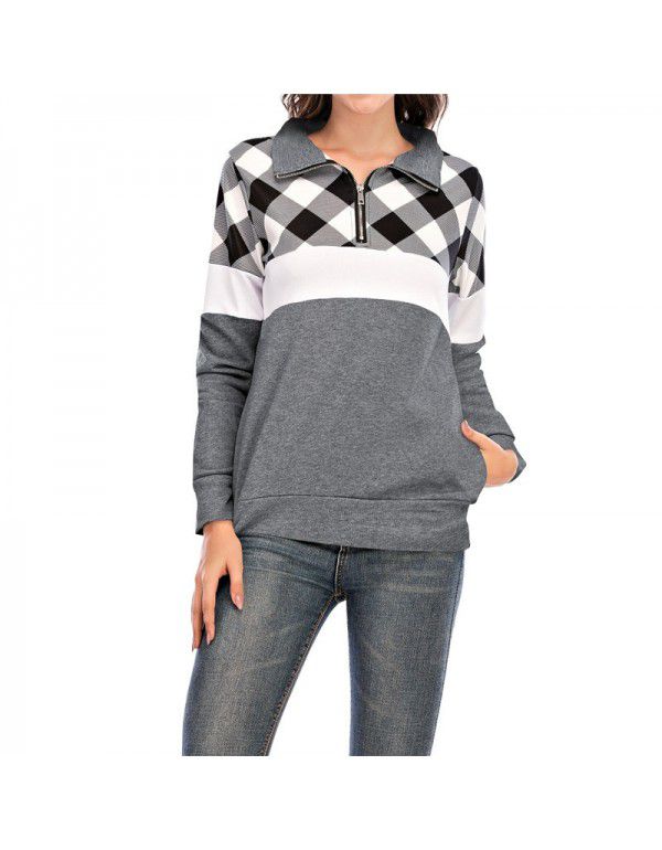 Long Sleeve Plaid Panel Zip Pocket T-shirt Casual Sweater Women's Top