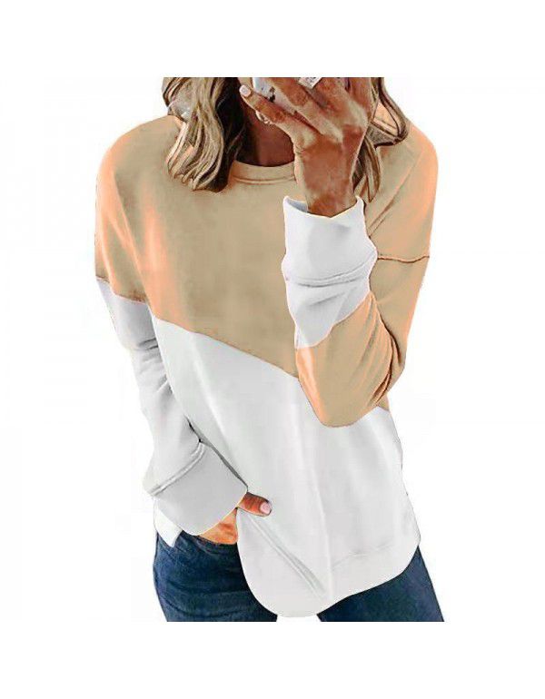 New Contrast Color Long Sleeve Round Neck Contrast Loose Sweater T-shirt Top Women