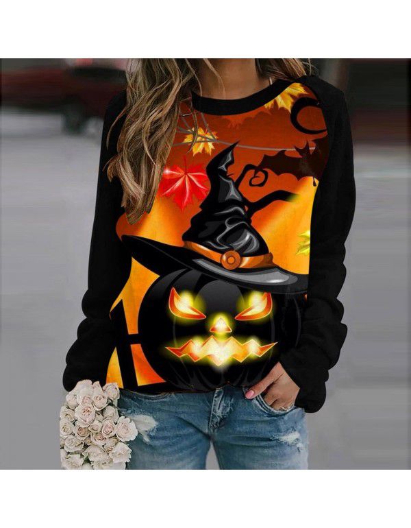 Women's Halloween Round Neck Pullover Long Sleeve Casual Loose Pumpkin Print Women's Sweater