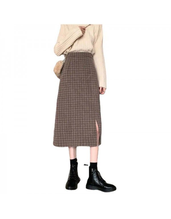 Autumn and Winter New Hong Kong Style Half-length Women's Mid-length Plaid Skirt High Waist A-line Wrapped Hip Skirt Slim Bottom Skirt 