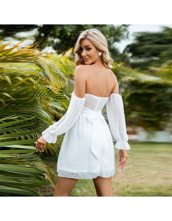 New European and American Cross Border Bubble Sleeve Off Shoulder Wrapped Chest Mesh Hollow Out Dress Sexy White A-line Dress