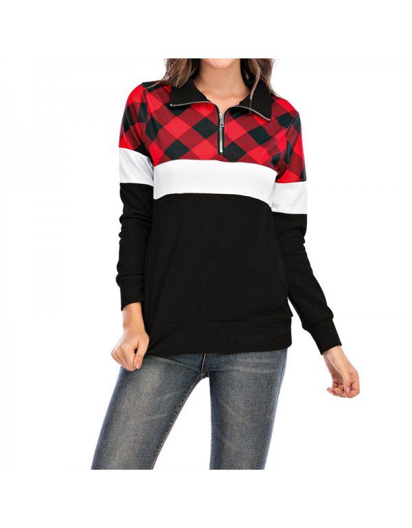 Long Sleeve Plaid Panel Zip Pocket T-shirt Casual Sweater Women's Top