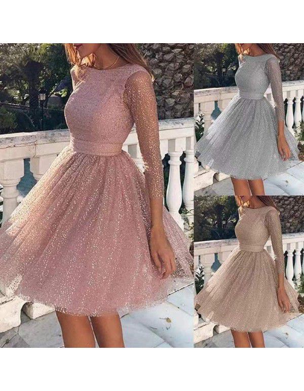 Women's Sparkling Long Sleeve Dress High Waist Eve...