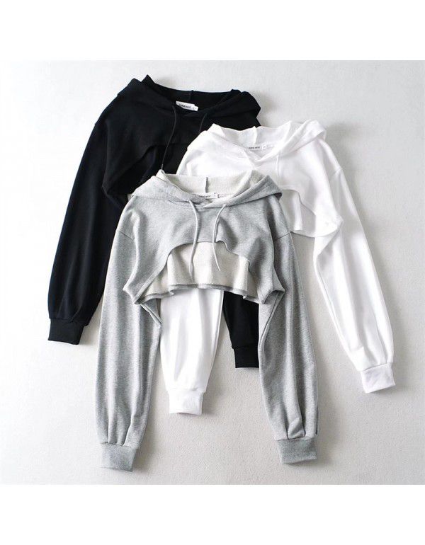 Spring New European Style Short Sports Drawstring Hoodie Women's Solid Color Versatile Long Sleeve Hoodie Top