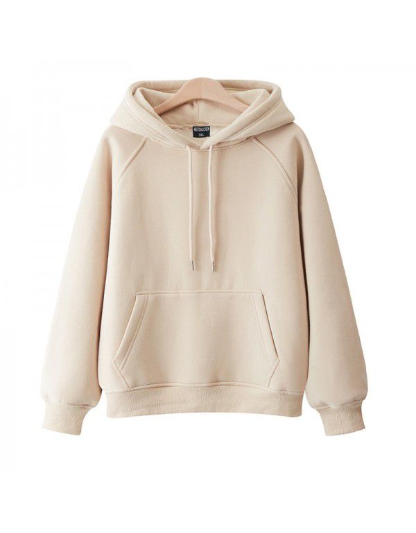Cotton casual hooded pullover thickened plush solid color new spring and autumn versatile loose Japanese women's sweater 