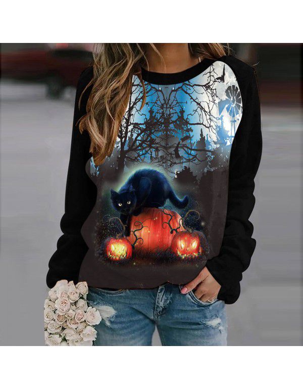 Women's Halloween Round Neck Pullover Long Sleeve Casual Loose Pumpkin Print Women's Sweater