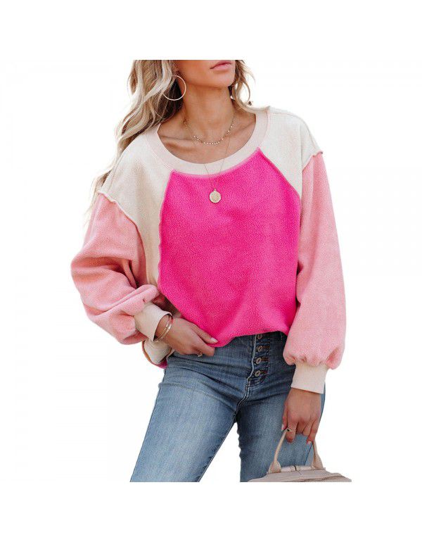 Shiying Women's Winter Fashion New Suede Sweater Contrast Color Long Sleeve Round Neck Pullover Sweater