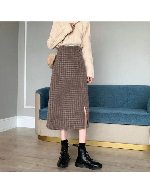 Autumn and Winter New Hong Kong Style Half-length Women's Mid-length Plaid Skirt High Waist A-line Wrapped Hip Skirt Slim Bottom Skirt 