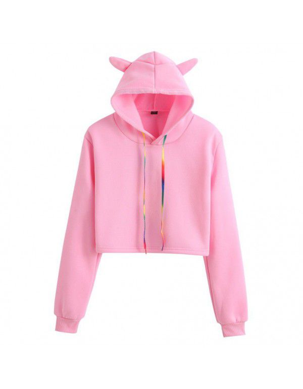 Solid Cat's ears (Steamed cat-ear shaped bread) hooded sweater Fashion sweet girls' short open navel sweater in Europe and America