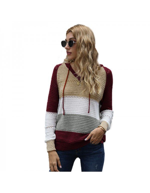 Shiying Knitted Hoodie Women's European and American Long Sleeve Loose Color Stripe Pullover Top Spring and Autumn