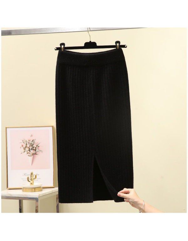 Thickened Split Knitted Halfskirt Wrapped Hip One Step Dress Women's Mid Length Autumn Winter New Long Dress Woolen Skirt 