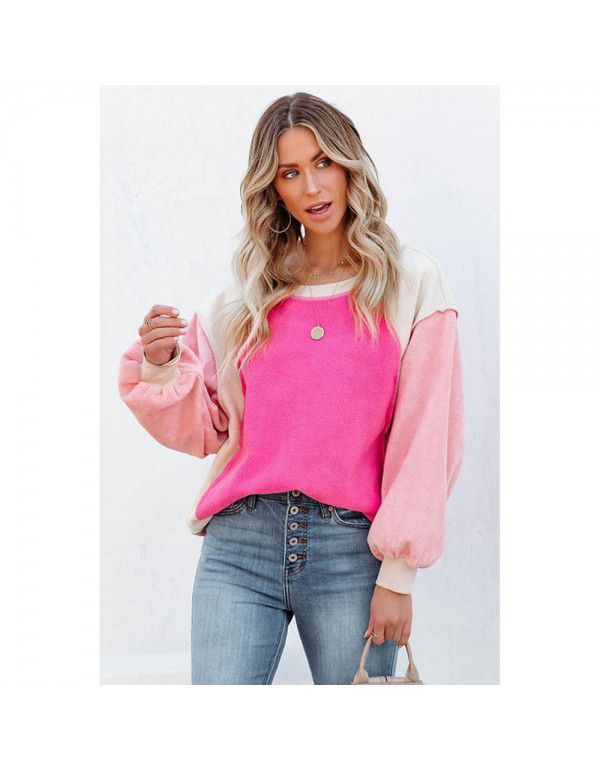 Shiying Women's Winter Fashion New Suede Sweater Contrast Color Long Sleeve Round Neck Pullover Sweater