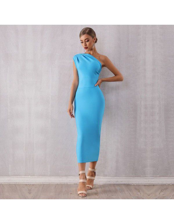 New Fashion Elegant Women's One Shoulder Bandage Dress Sexy Sleeveless Tight Sky Blue Evening Dress 