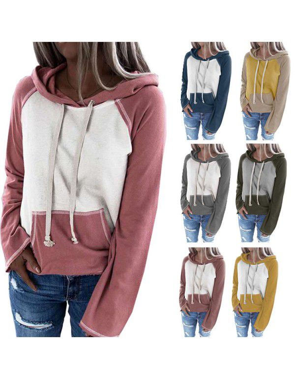 Popular European and American top color matching hooded sweater for women