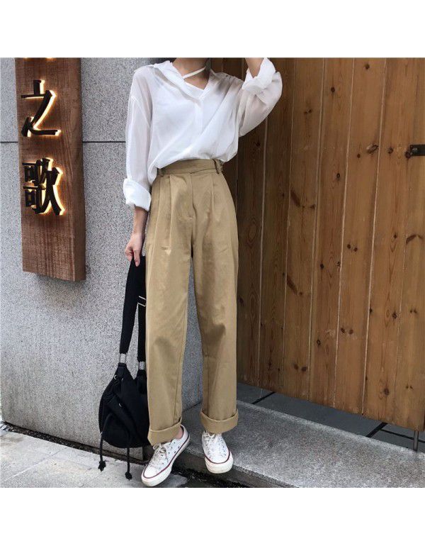 Spring/Summer Korean Version Simple Versatile Loose BF Port Style Casual High Waist Work Wear Straight Tube Casual Pants Women's Wide Leg Pants