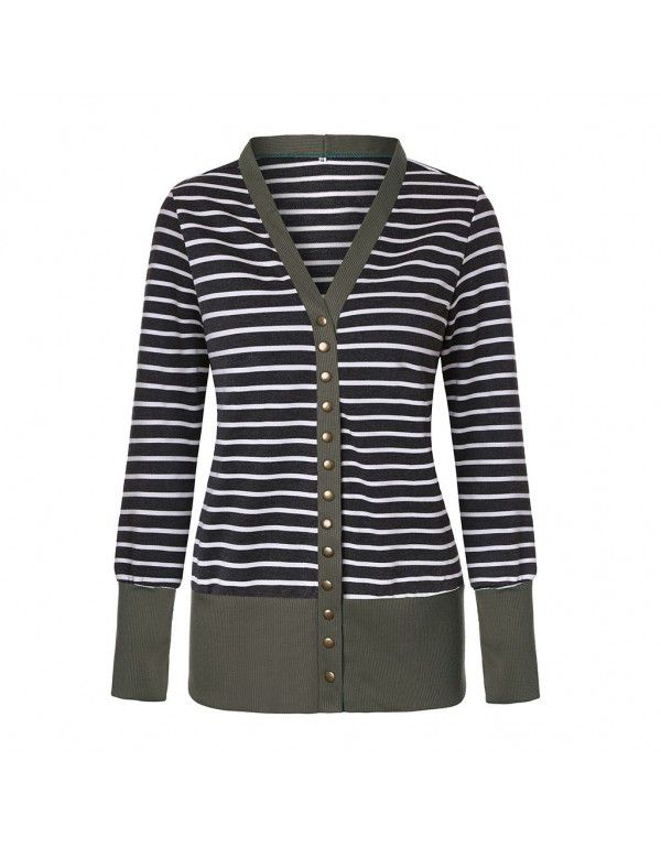 Women's striped patchwork medium length long sleeve single breasted cardigan jacket