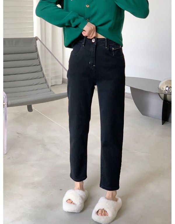 High Waist Straight Leg Jeans Women's New Black Slim Leg Length Short Versatile Crop Pants Smoke Tube Pants