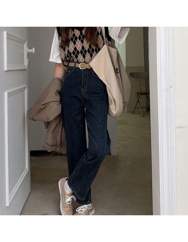 Spring and Summer New INS Korean Style Straight Leg Jeans Female Student Dark High Waist Slim Elastic Casual Pants