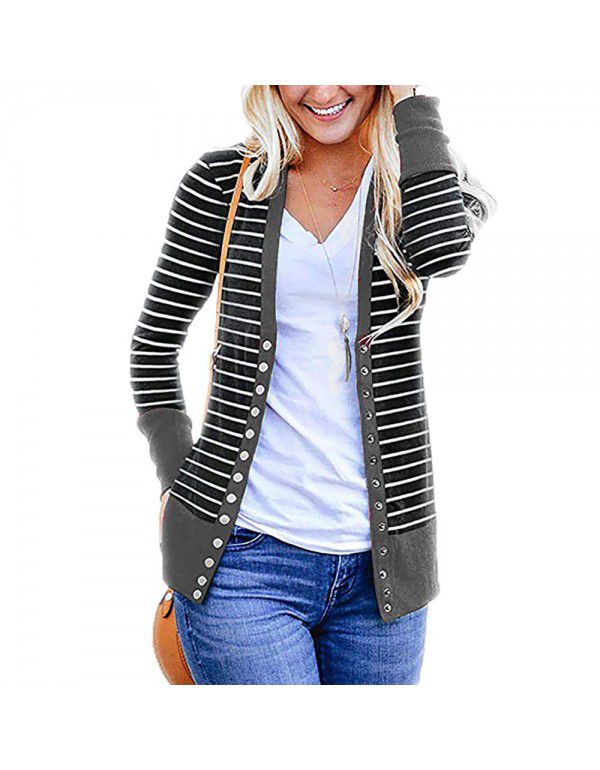 Women's striped patchwork medium length long sleeve single breasted cardigan jacket