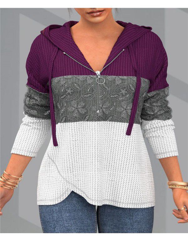 New Style Hooded Colored Zipper Sweater for Women