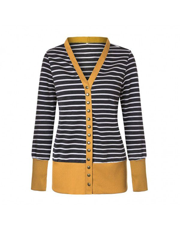 Women's striped patchwork medium length long sleeve single breasted cardigan jacket