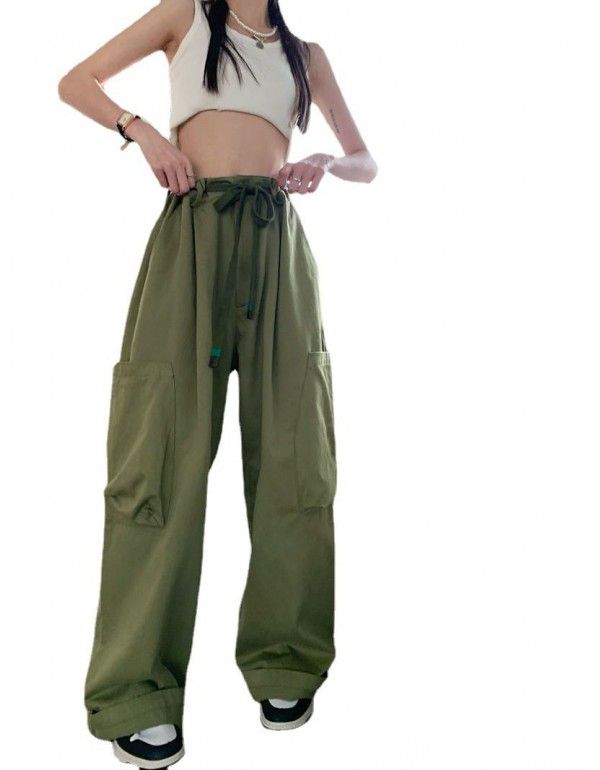 Retro Strap Workwear Casual Pants Women's Summer New High Waist Green Straight Tube Loose Relaxed Wide Leg Pants 