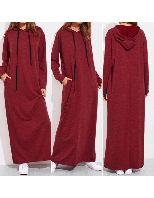 New Spring, Summer, Autumn European and American Women's Long Sleeve Hooded Long Sweater Dress