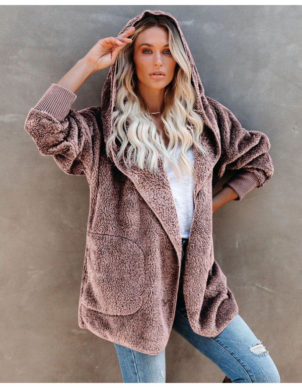 Women's long-sleeved coat casual hooded solid color cardigan plush woman 