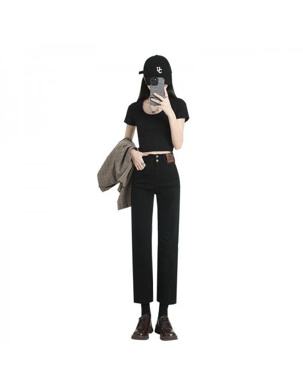 Black Small Straight Plush Jeans Women's High Waist Slim Fit Large Crop Pants