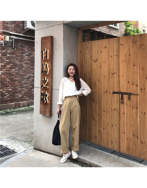 Spring/Summer Korean Version Simple Versatile Loose BF Port Style Casual High Waist Work Wear Straight Tube Casual Pants Women's Wide Leg Pants