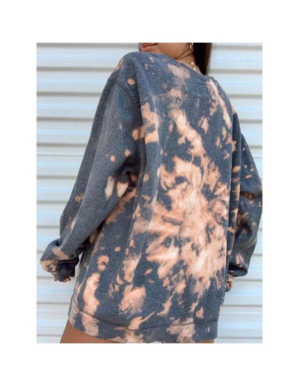 Spring and Summer Women's Wear European and American Tie Dye Printed Hooded Long Sleeve T-shirt Sweater