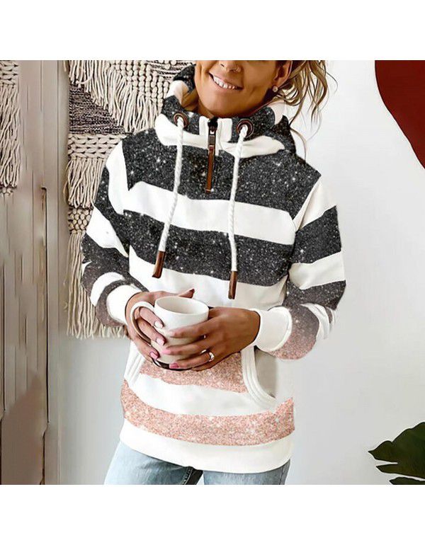 Printed Hooded Drawstring Sweater Loose Pullover Casual Sweater Women 