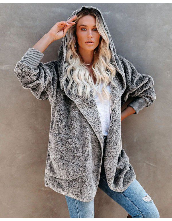 Women's long-sleeved coat casual hooded solid color cardigan plush woman 