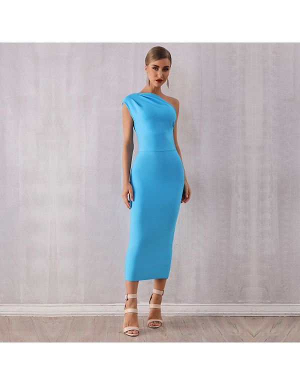 New Fashion Elegant Women's One Shoulder Bandage Dress Sexy Sleeveless Tight Sky Blue Evening Dress 