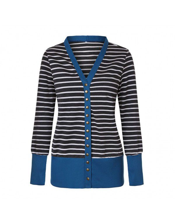 Women's striped patchwork medium length long sleeve single breasted cardigan jacket