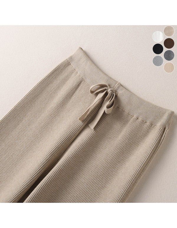 Thickened warm knitted wide leg trousers for women with high waist elastic drape straight leg trousers for small men's floor mops casual leggings 