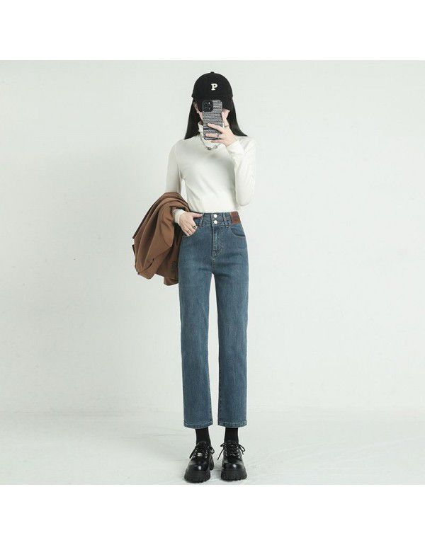 Black Small Straight Plush Jeans Women's High Wais...