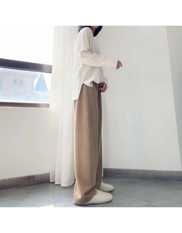 Women's knitted wide leg trousers in autumn and winter, corduroy shows thin, high waist, loose, draping, straight tube, floor, imitation cashmere pants 