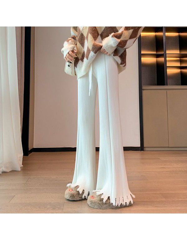 Thickened soft waxy white fringed knitted wide leg pants for women in autumn and winter, vertical pit, high waist drawstring, thin casual floor mop pants 