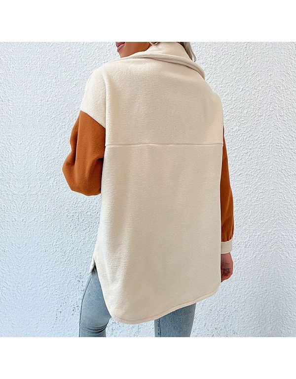 Autumn and winter new European and American fashion women's lapel color contrast long-sleeved fleece coat 