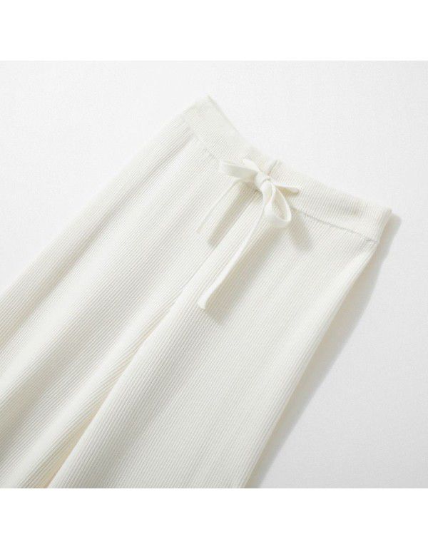 Knitted wide leg pants for women's spring and autumn wear drawstring knitted pants with high waist, straight tube, wide leg, and droop feeling 