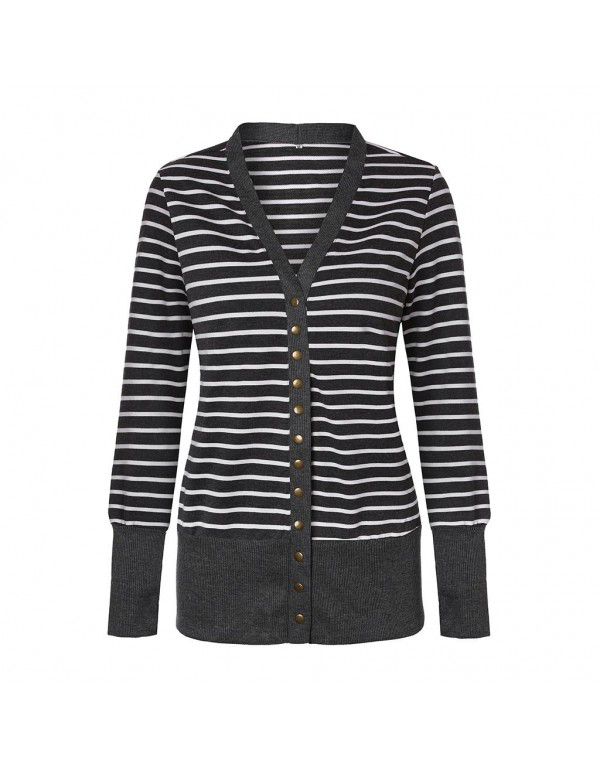 Women's striped patchwork medium length long sleeve single breasted cardigan jacket