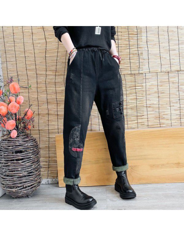 Plush jeans loose literary style buckle patch high waist jeans women elastic elastic waist jeans women's wear 