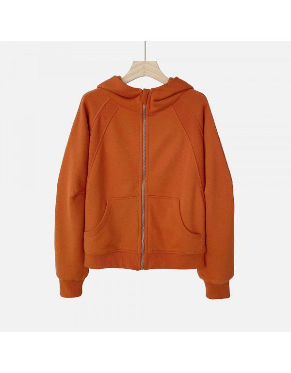 Autumn new style solid color plush zippered sweater short hoodie sportswear casual versatile coat women 