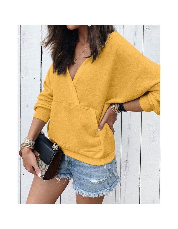 Autumn and Winter New Long Sleeve Panel Pocket V-Neck Sweater Women