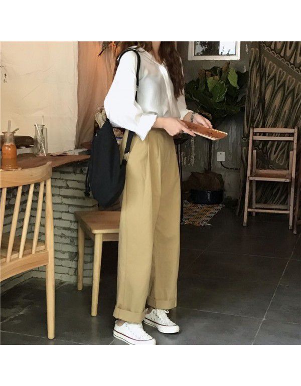 Spring/Summer Korean Version Simple Versatile Loose BF Port Style Casual High Waist Work Wear Straight Tube Casual Pants Women's Wide Leg Pants