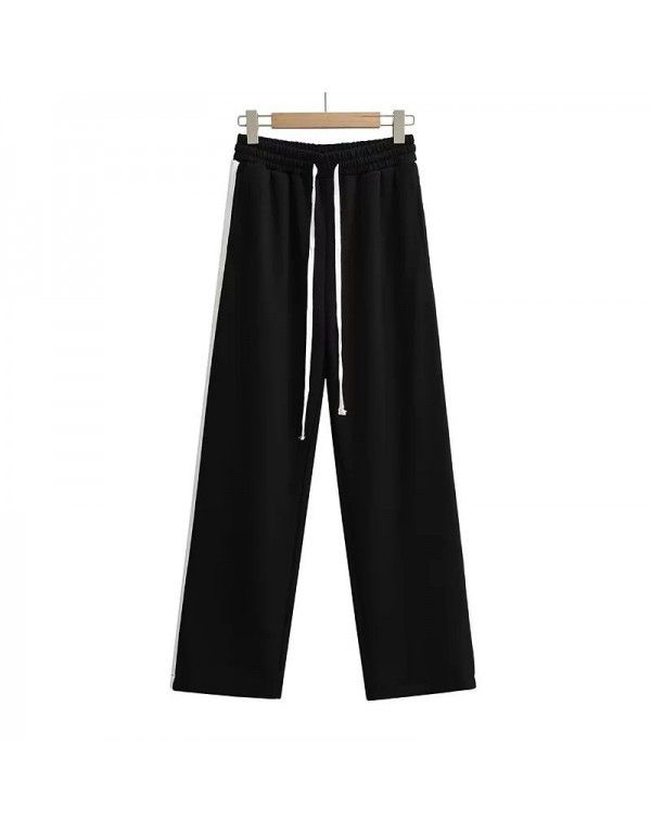 Side contrast color parallel bar guard pants Women's drawstring loose wide leg pants High waist slim casual pants Jazz dance pants 